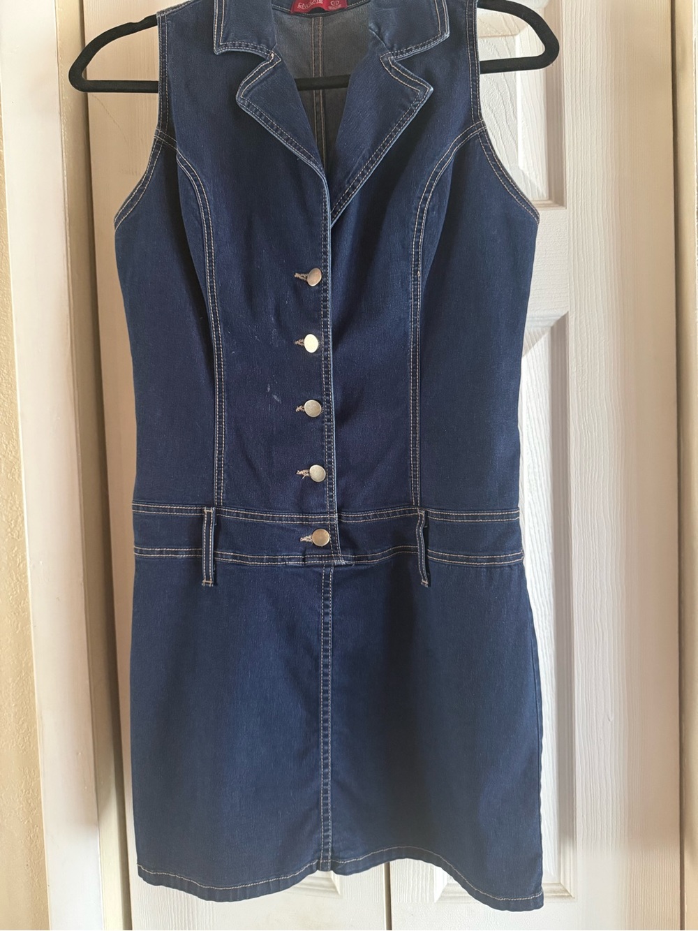 Encore Jeans Dark Blue Denim, Drop Waist, Button-Front Sleeveless Dress